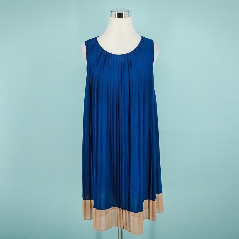 Oroton Size 10 Blue Tan Color Block Sleeveless Pleated Tuckernuck Dress